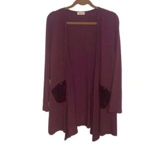Mina et Bina Cardigan Open Front Plum Velvet Pockets XL